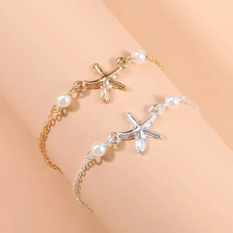 Trendy Summer Imitation Pearl Five-pointed Star Chain Anklet Woman Bohemian Vintage Footwear Leg Bracelets Female Foot Jewelry