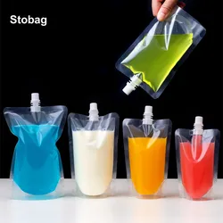 StoBag 100pcs Transparent Drinking Liquid Packaging Nozzle Bags Clear Juice Beverage Milk Sealed Storage Plastic Reusable Pouch