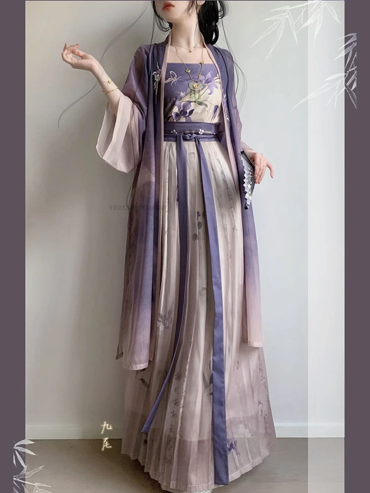 Chinese Verbeterde Song Dynastie Hanfu Oude Stijl Grote Mouw Jas Vest Losse Rok Dagelijks Elegante Paarse Oosterse Stijl Hanfu Set