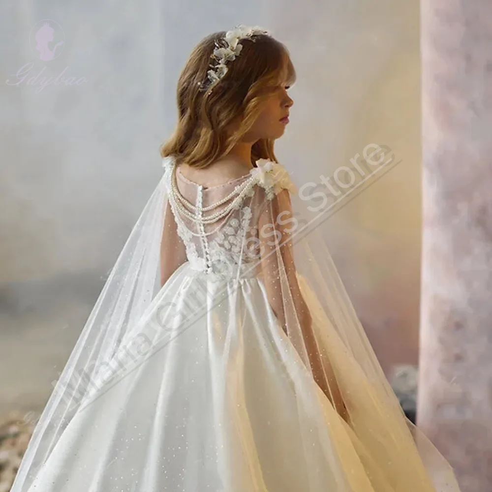 Kids White Flower Girl Dress With Fluffy Satin Beading Fabric Long Train For Wedding Beauty Contest Birthday Performance