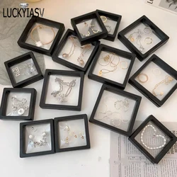 PE Film Black Jewelry Storage Box Caixa de embalagem 3D Gemstone Free Stand, membrana de moldura flutuante, anel, brincos, colar Display