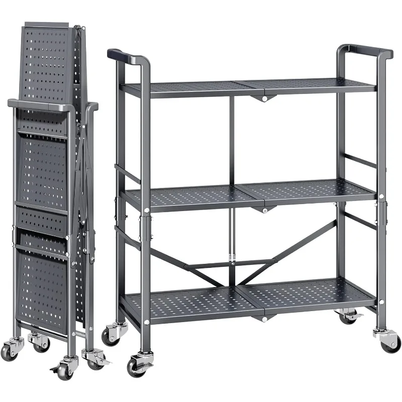 

3 Tier Rolling Utility Foldable Cart - Metal Folding Cart with Wheels, Collapsible Service Cart Storage Shelf Rack for Kitchen