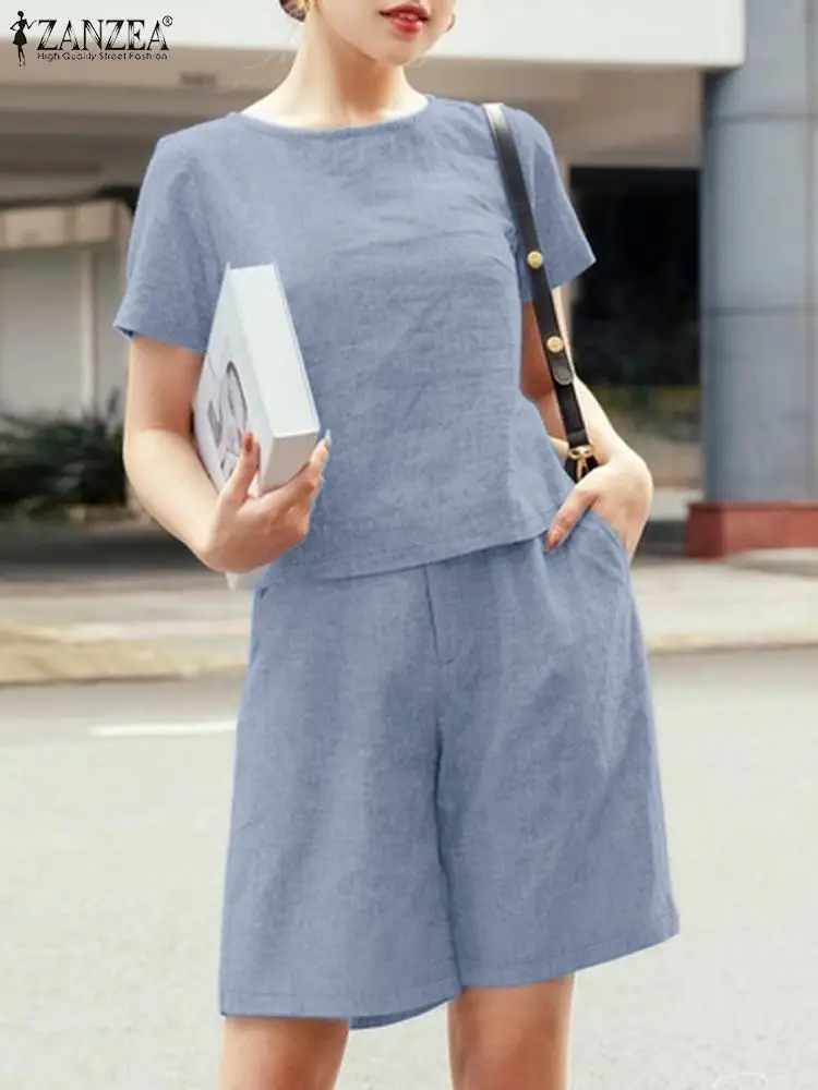 ZANZEA Summer 2024 Fashion 2-Piece Suits Casual Commute Women Short Pant Short Sets Short Sleeve Blouse Solid Color 2pcs Outfits