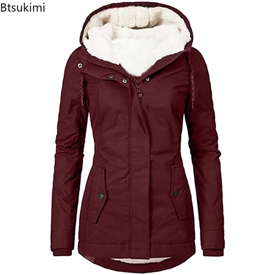 2025 New Winter Women Warm Parkas Hooded Thick Plush Coats Female Mid-Long Cotton Jacket Warm Solid Coat Lamb Wool Thick Jacket