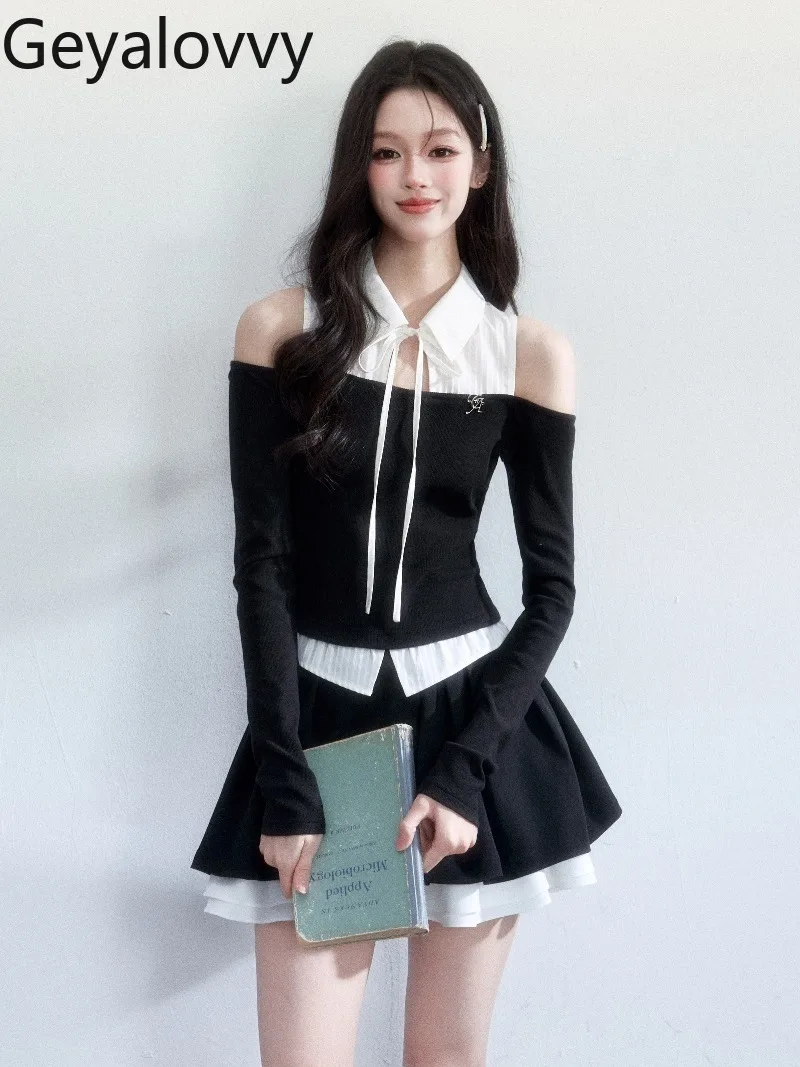 

Korean Style Spicy Girl Faux Two-piece Lapel Slim-fit Off-shoulder Long Sleeve Top and Skirt Black and White Color Block Set