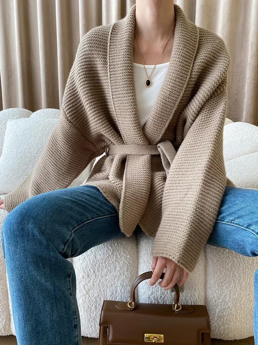 Women\'s Knitted Cardigan Sweater with Belt Loose Oversized Cardigans Solid Khaki Warm Lace Up Waist Fashion Coats for Women 2024