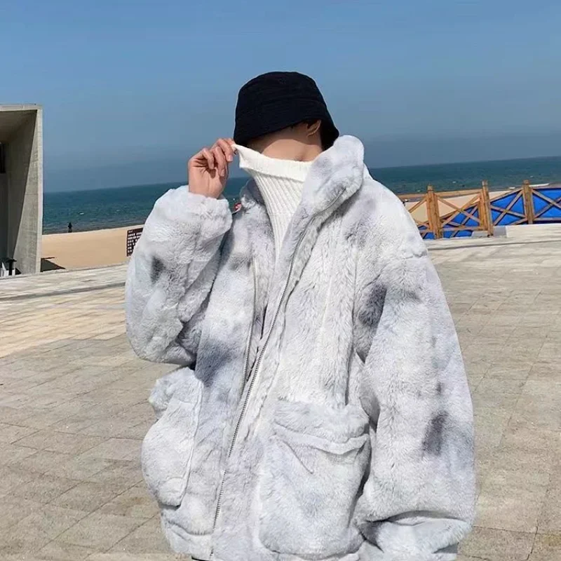 

Lamb Wool Winter Tie Dye Plush Rex Rabbit Fur Loose Large Size Warm Padded Coat Imitation Fur Coat Men and Women's Clothing