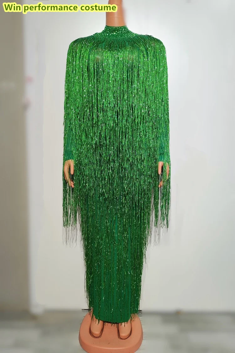 Lion-Vestido largo con borlas de diamantes de imitación multicolores, vestido Sexy para fiestas, clubs nocturnos, bares, actuaciones en escenario, disfraces