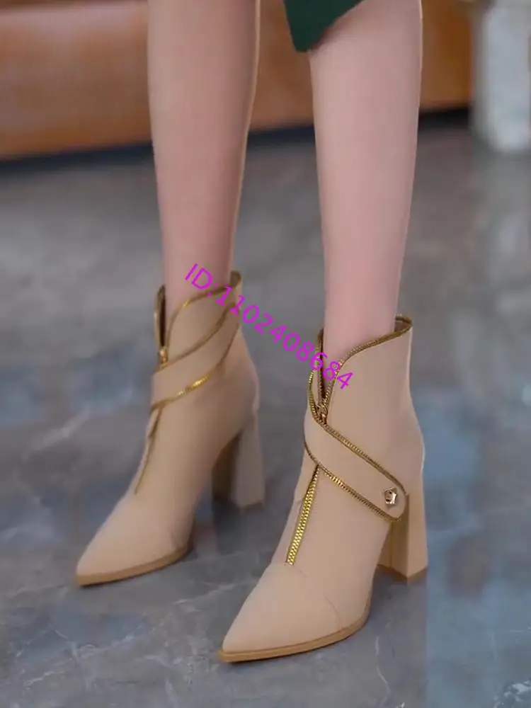 Design Women Front Zipper Pointed Toe Ankle Boots Chunky High Heel Leather Suede Front Zipper Boots Block Heel Ankle Boots