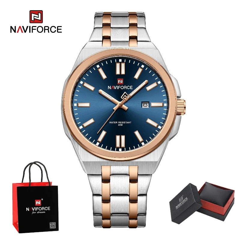 

New Style NAVIFORCE Men's Luxury Business Quartz Watch Luminous Steel Band Waterproof with Calendar Male Wristwatch Package Gift