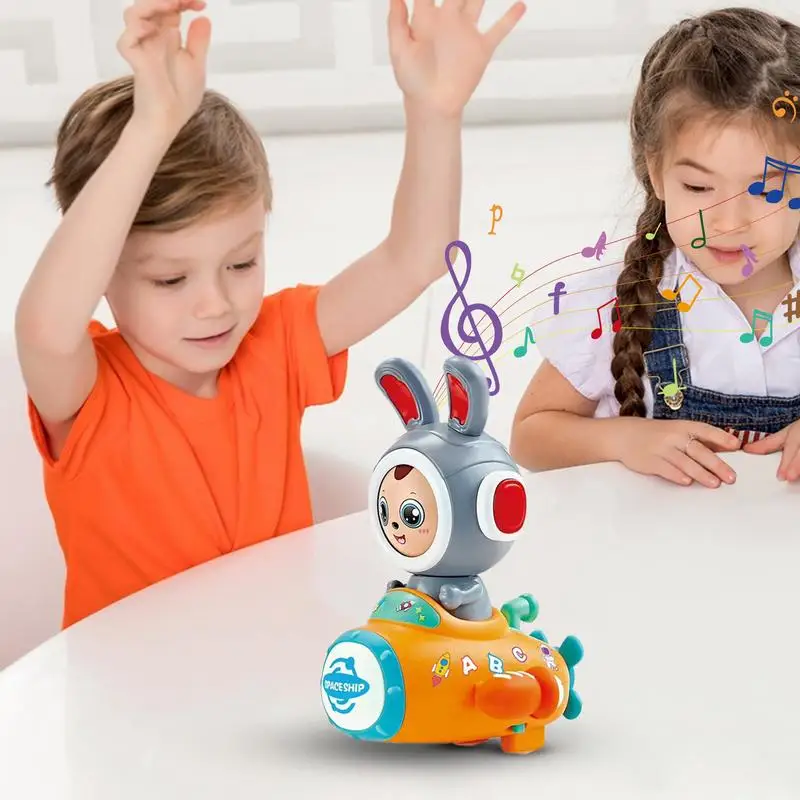 Bunny Light Up Toy Rabbit Driving Spaceship Toy Interactive Face Changing Rabbit Walking Toy With Light And Music For 3-5 Years