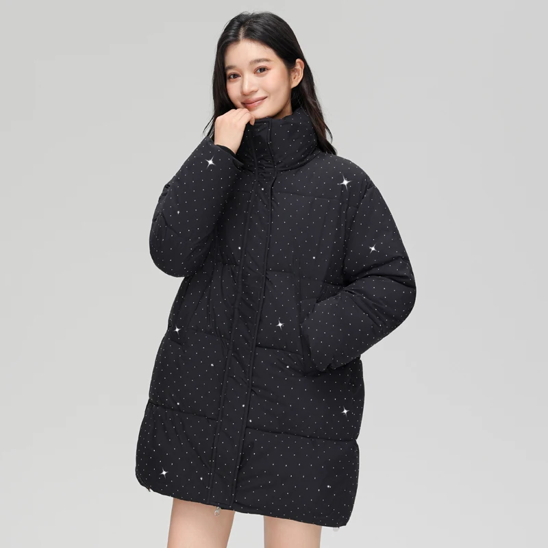 

Winter New Sle Women's Cotton Jaet Quilted Warmth Diamond Decorated Coat Long Sve High Collar Zipper Closure Faionable