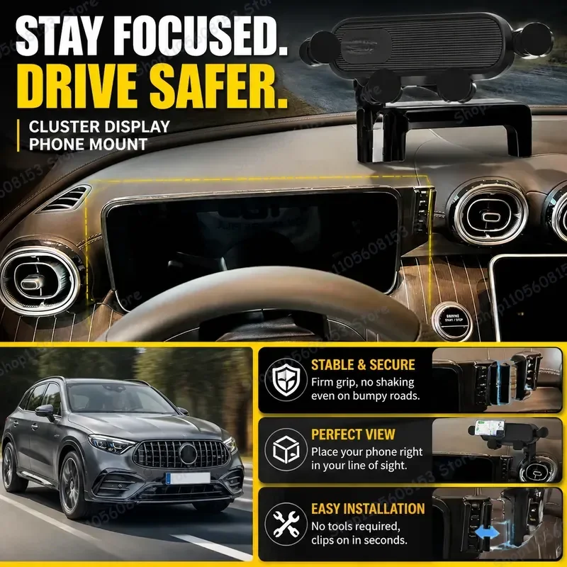 For Mercedes Benz GLC 2021 2022 2023 2024 Coupe For iPhone Android Secure Clip On Phone Mount Adjustable Dashboard Car Holder