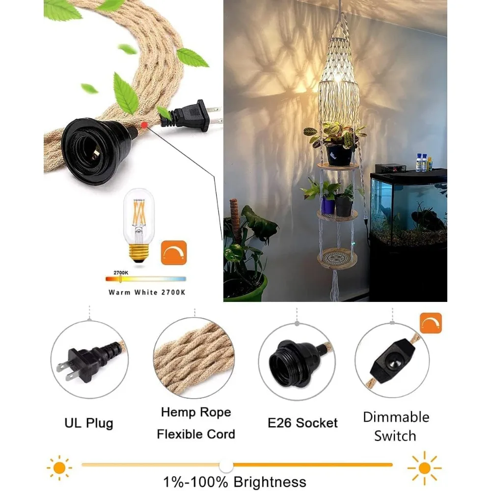 Lampada a sospensione Boho plug-in con interruttore dimmerabile, paralume in macramè e scaffale per piante per arredamento bohémien