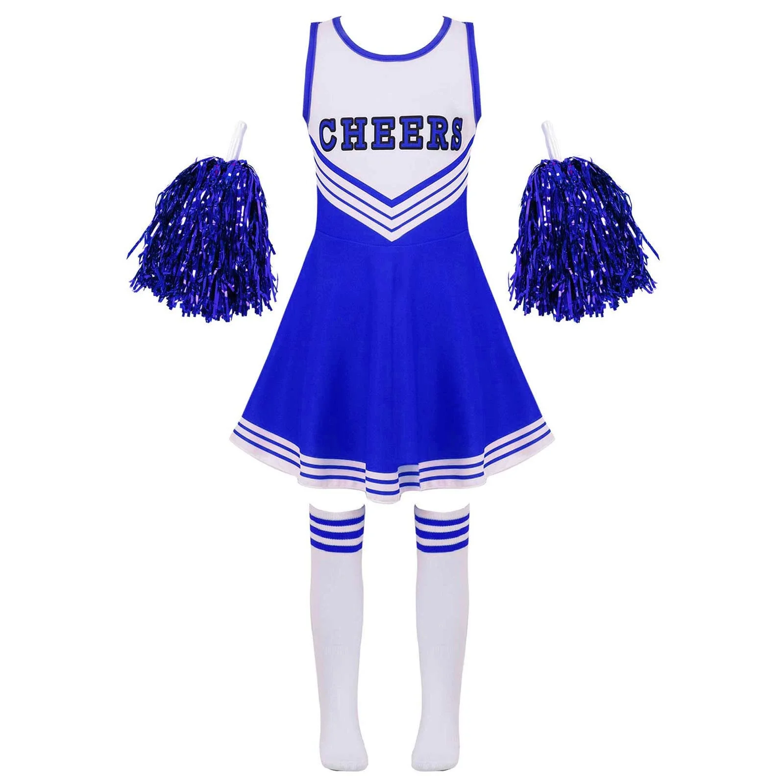 Uniforme de torcida sem mangas para meninas, decote redondo, vestido estampado com letras, flores e meias, traje de dança infantil, roupa cheerleader