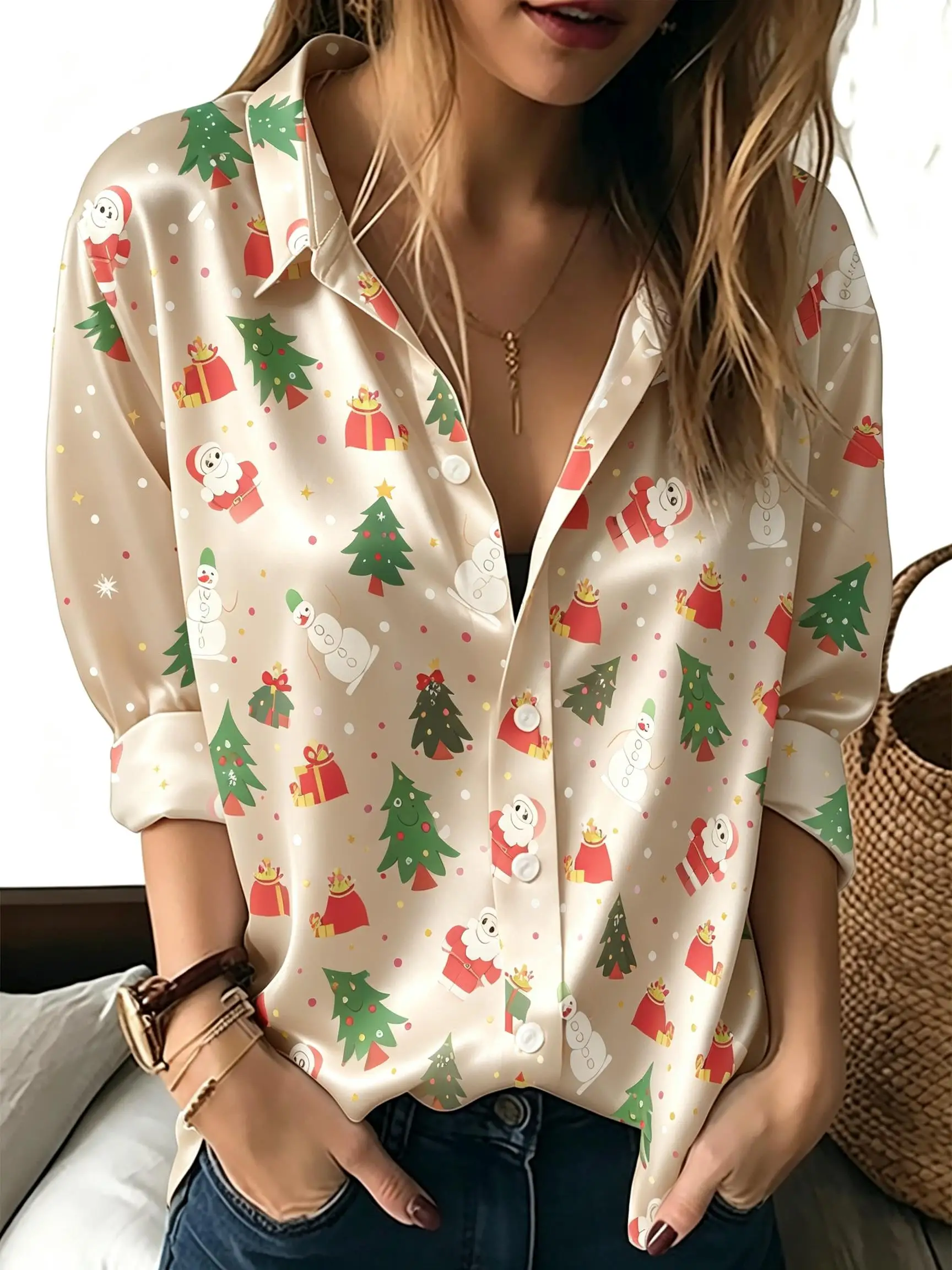 Women Lapel Collar Long Sleeve Shirt Christmas All‑over Print Blouse Santa Gingerbread Man Snowman Xmas Holiday Casual Top
