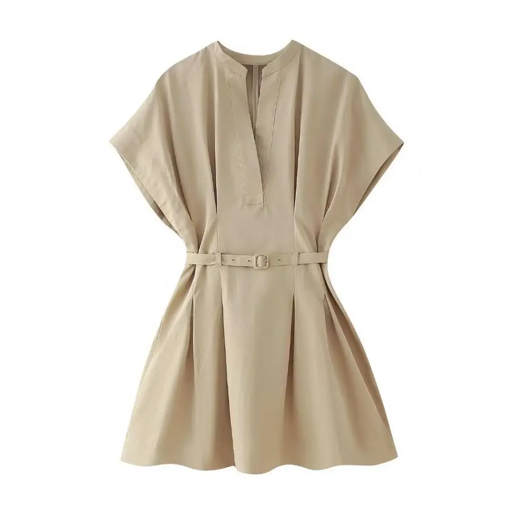 

Women High Waist Dress with Belt Khaki Short Sleevs Pleated Dresses Slim Fit A-Line Skirt Office Vestidos for Lady Commuting