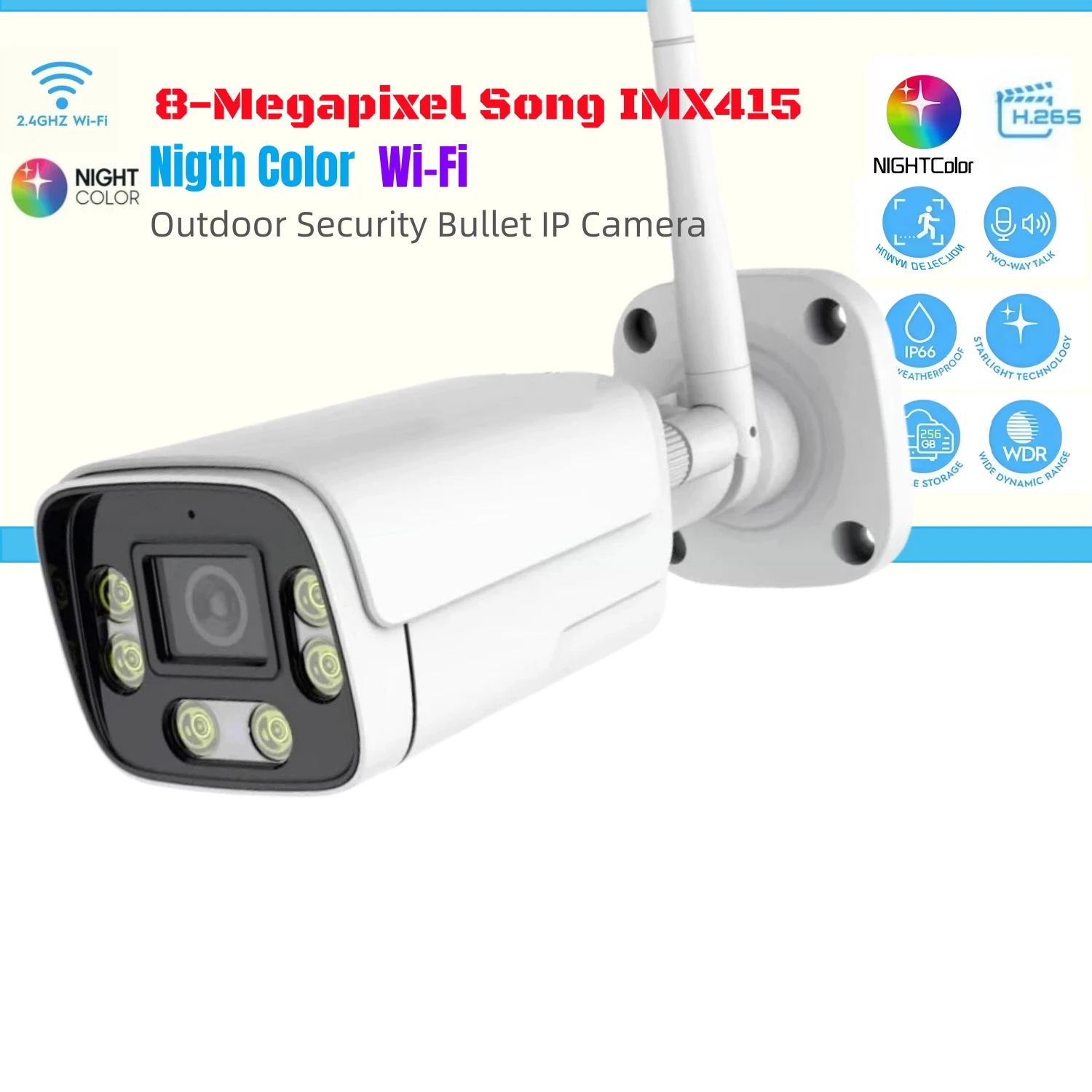 

6MP 3K Беспроводная уличная камера безопасности IMX335 AI NightColor Обнаружение человека 98 футов Водонепроницаемая IP-камера Bullet H.265