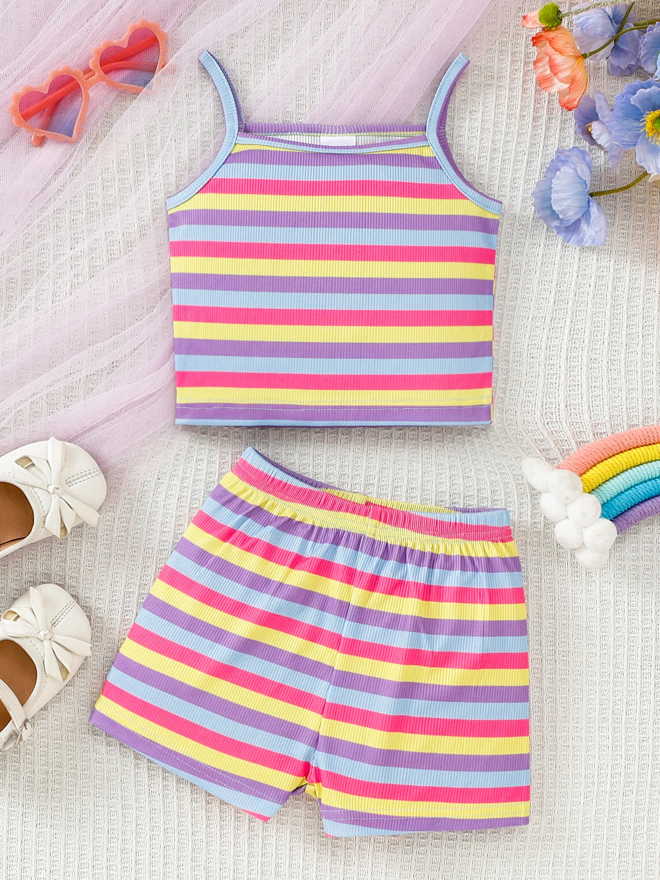 Adorable Trendy SS2026 Baby Girl Vibrant Rainbow Stripe Sleeveless Cami Top & Shorts 2pc Set (0-4Y): Soft, Comfy, Ideal for Home