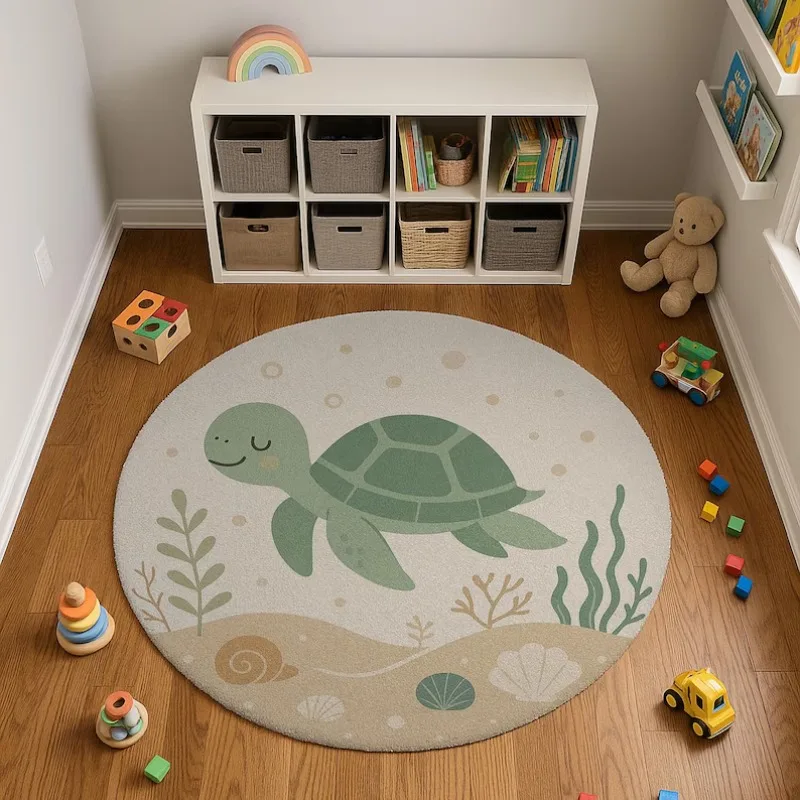 Cartoon Turtle Circle Rug Cute Green Sea Turtle with Friendly Smile Playful Ocean Themed Floor Mat for Kids Room Education Decor