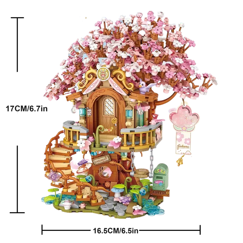 Fiore di ciliegio Casa sull'albero Modello di costruzione della casa Piccola particella Building Block Ornamento Natale Capodanno Regalo di Halloween