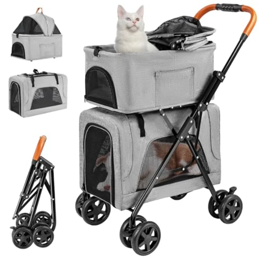 

Pet stroller for medium small dogs and cats, aluminum frame, black, detachable carrier, no-zip canopy, storage basket, one-clic