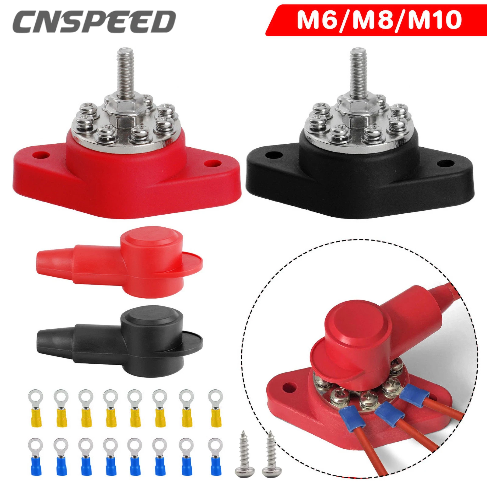 CNSPEED 12V Battery Terminal Block Stud with Protector M10 M8 M6 Bus Bar Electrical Connector for Truck RV Boat Camper Car