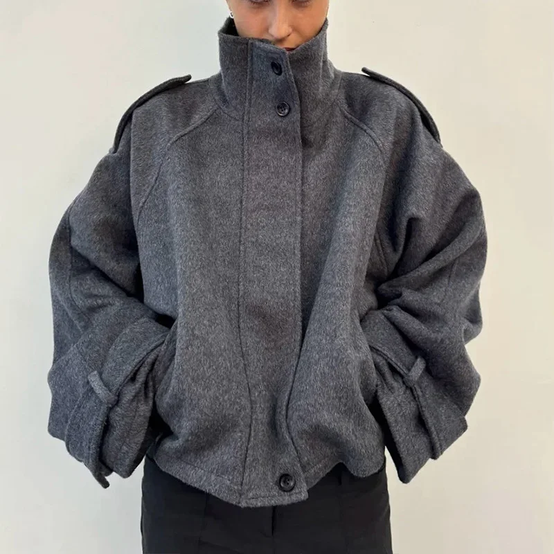 Y2K Women's Tailored Wool Blended Jacket, Autumn/Winter Grey Button Street Loose Women's Outcoat