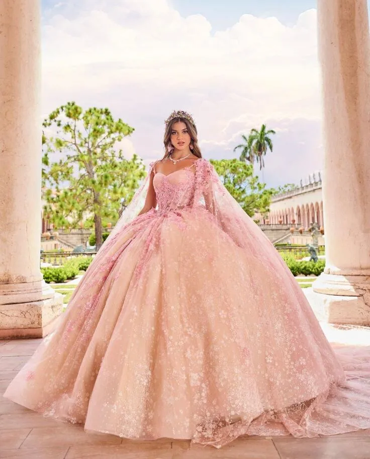 Vestido princesa quinceanera com capa, espartilho floral de renda, vestido de renda, hortelã, capa, 15 anos, 2024