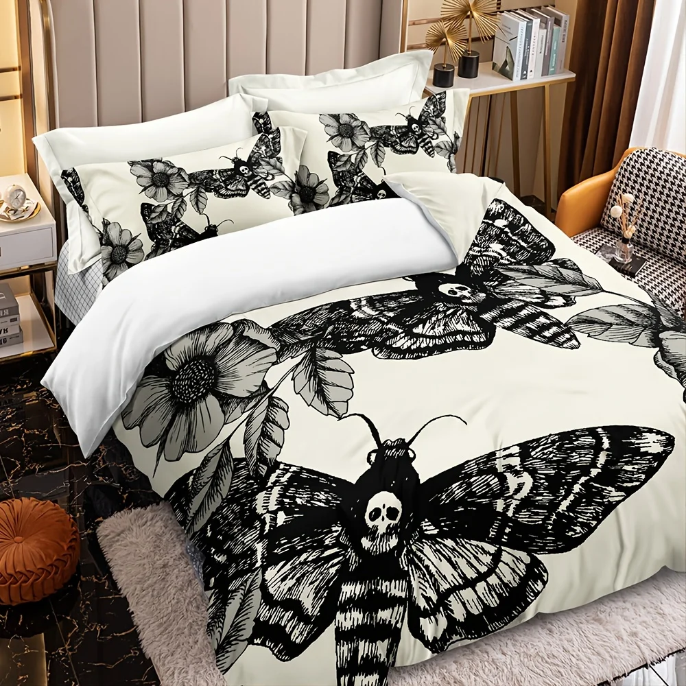 3pcs/set Skull Moth Pattern Duvet Cover Set, Death's Head Moth And Flower Pattern (1pc* Duvet Cover + 2pcs* Pillowcases)