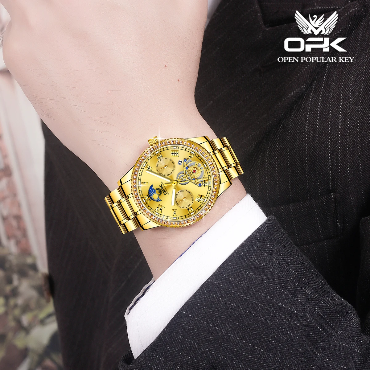 OPK brand luminous waterproof diamond-encrusted steel band men's quartz watch 8147