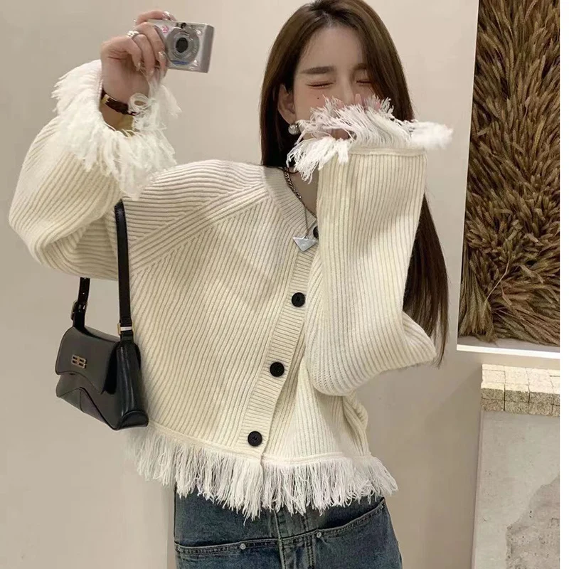 Fashion Solid Color Button Cardigan Tassel Sweaters Female Clothing 2023 Autumn Winter Oversized Knitted Casual Tops