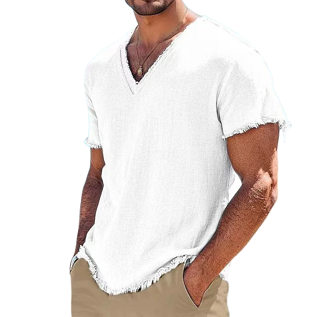 2026 Men's Summer Shirt Men's Retro V-Neck Cotton Linen Shirt Hawaii Casual Short Sleeve Beach Tops Outdoor Vacation Shirt