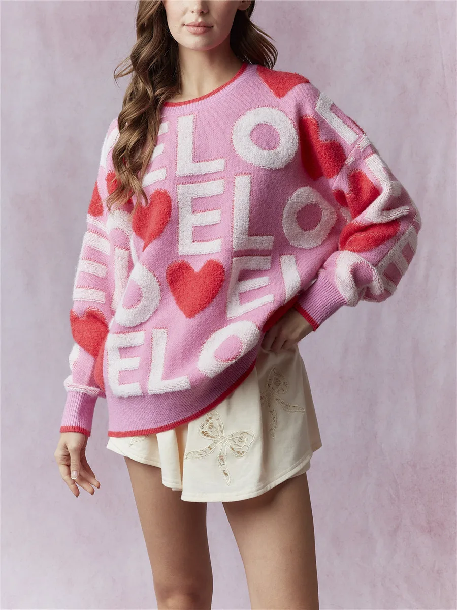 Women\'s Valentine\'s Day Knit Sweater Sweet Letter Heart Jacquard Long Sleeve Round Neck Pullovers Tops Autumn Spring Knitwear