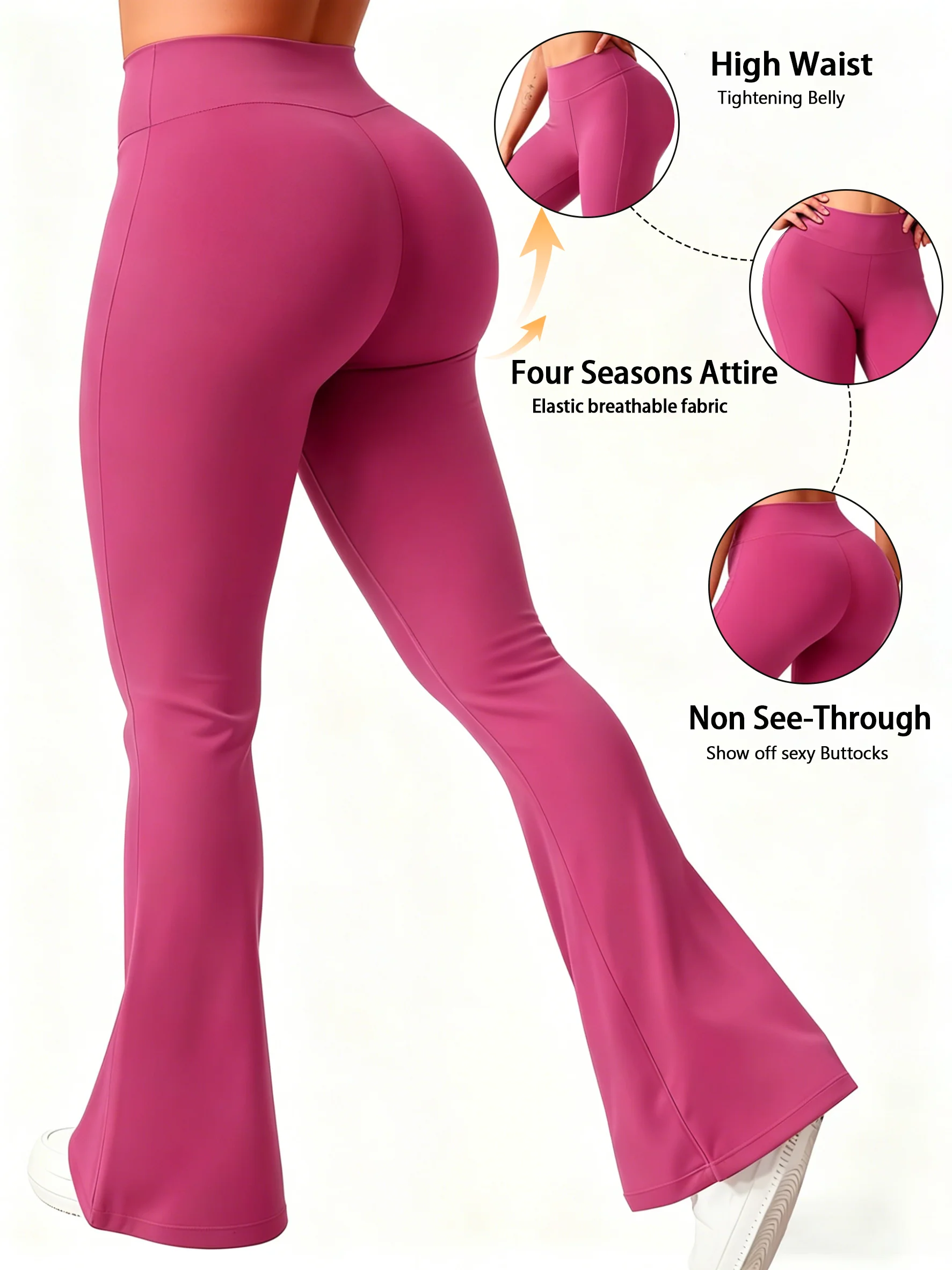 New Rose Red, Women's Fashionable Slimming Slightly Flared Pants - Fitness, Running and yoga Sport Pants, Casual Stretch Fabric
