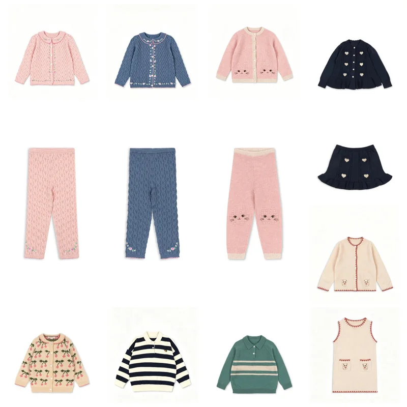 Pre-sale (ship in Septe) 2026  KS Girls Knitted Embroidery Hollowed Out Cardigan Baby Girls Dress Boys Polo Shirts Knitted Skirt