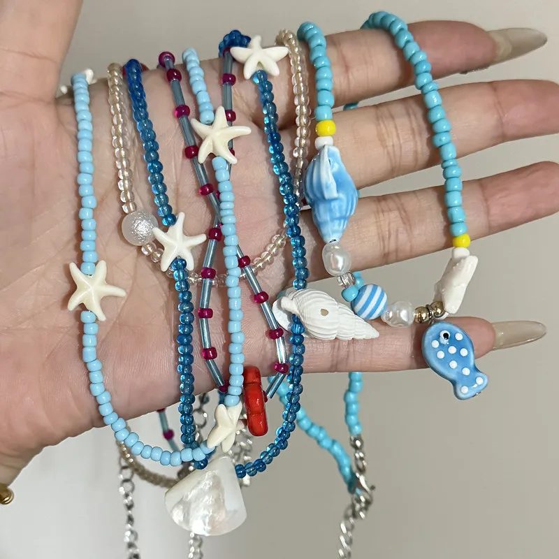Böhmische Blaue Ozean-Perlen Muschel-Anhänger Halskette für Frauen Sommer Strand Süße Accessoires