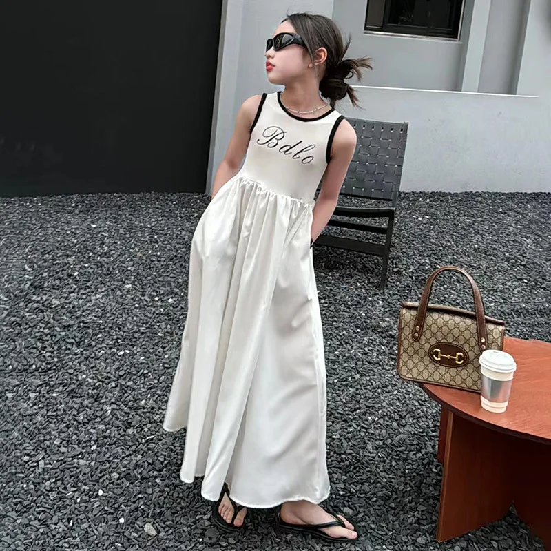 

Girls Vest Dress Casual Simple Slim Waist Patchwork Long Dresses for Kids 2024 Summer 10 12 13 Years Teenage Children Clothes