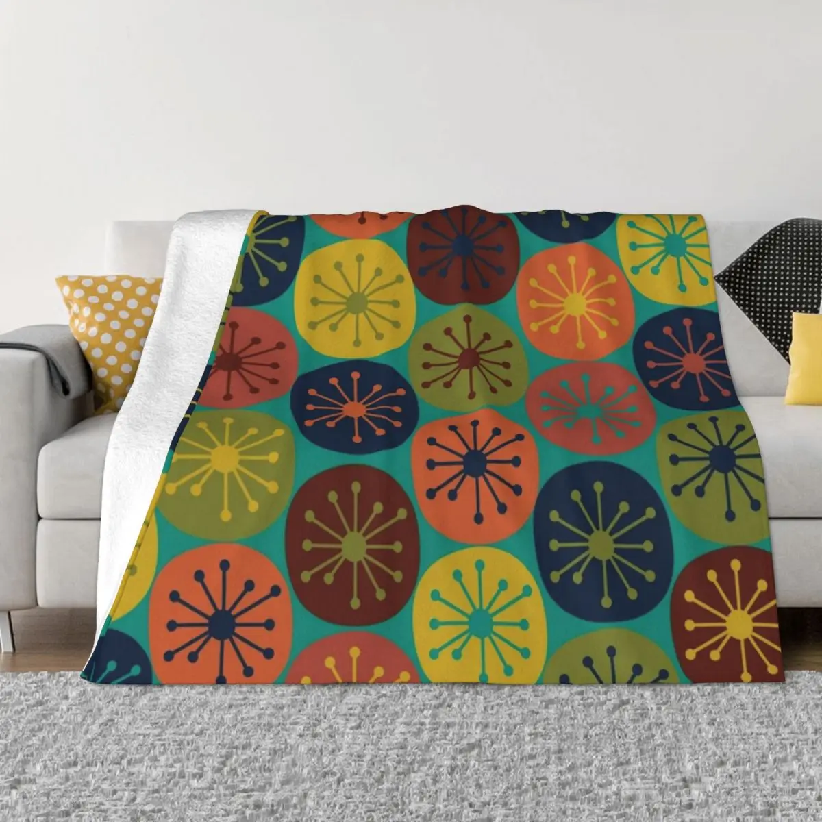 

Atomic Retro Dots - Midcentury Modern Pattern in Mid Mod Teal, Olive Green, Mustard, Orange, Blue, and Turquoise Throw Blanket