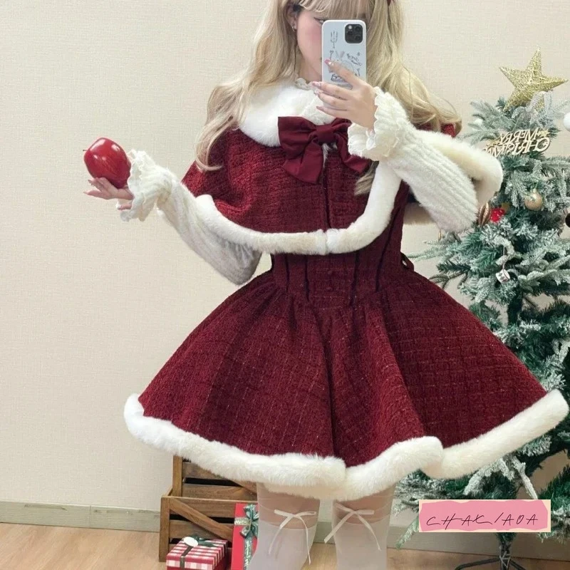 Christmas and New Year Wear Cute Bow Plush Shawl Jacket Short Jacket Mini Skirt Set Elegant Sweet Fresh Lolita Style Dress Women