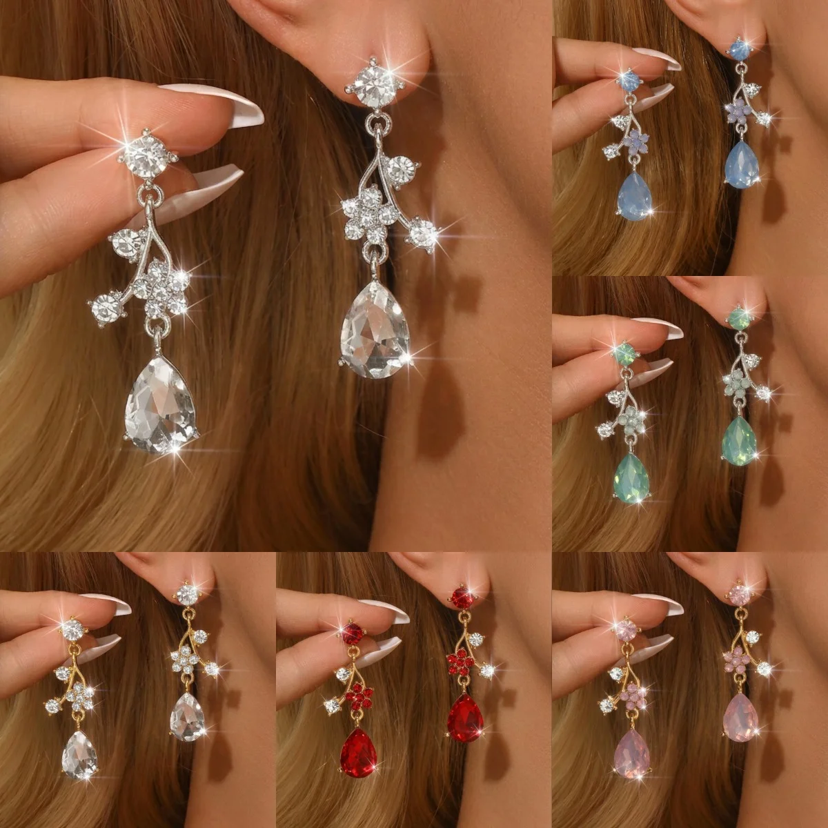 Vintage Fashion Ornaments - Glanzende meerkleurige bloemkristallen lange hangende oorbellen