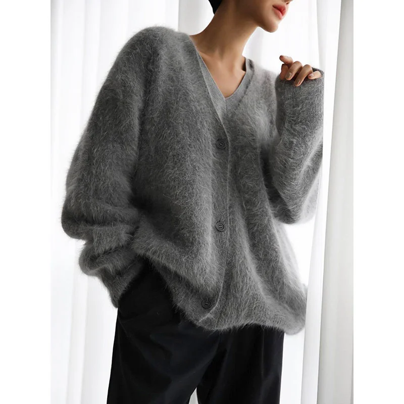 Ladies New Wool Knitted Sweater Cardigan Europe And America 2024 Autumn And Winter Lazy Loose Long-Sleeved V-Neck Sweater Coat