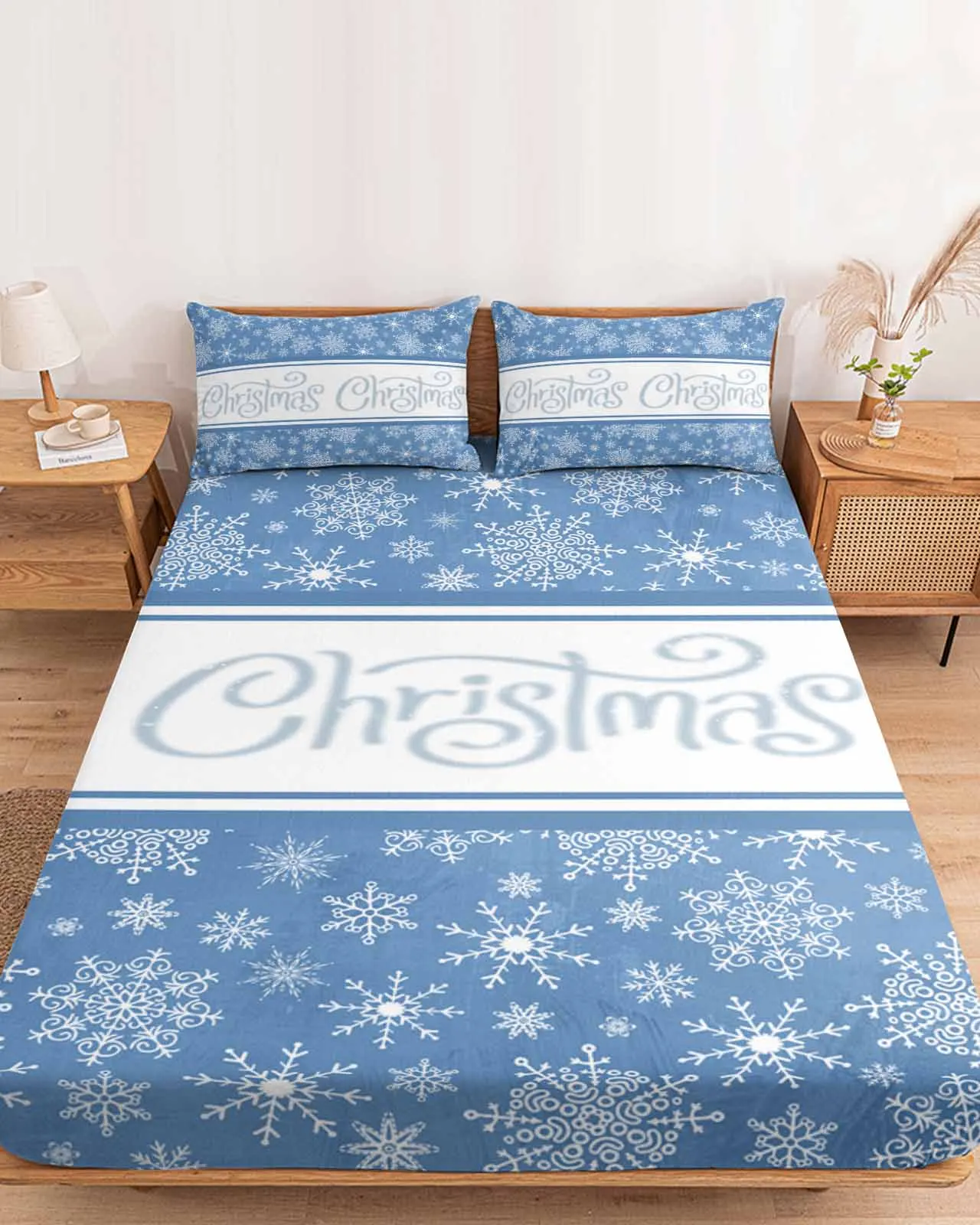 

Christmas Letter Snowflakes Polyester Fitted Sheet Mattress Cover Four Corners Elastic Band Bed Sheet Pilllowcase