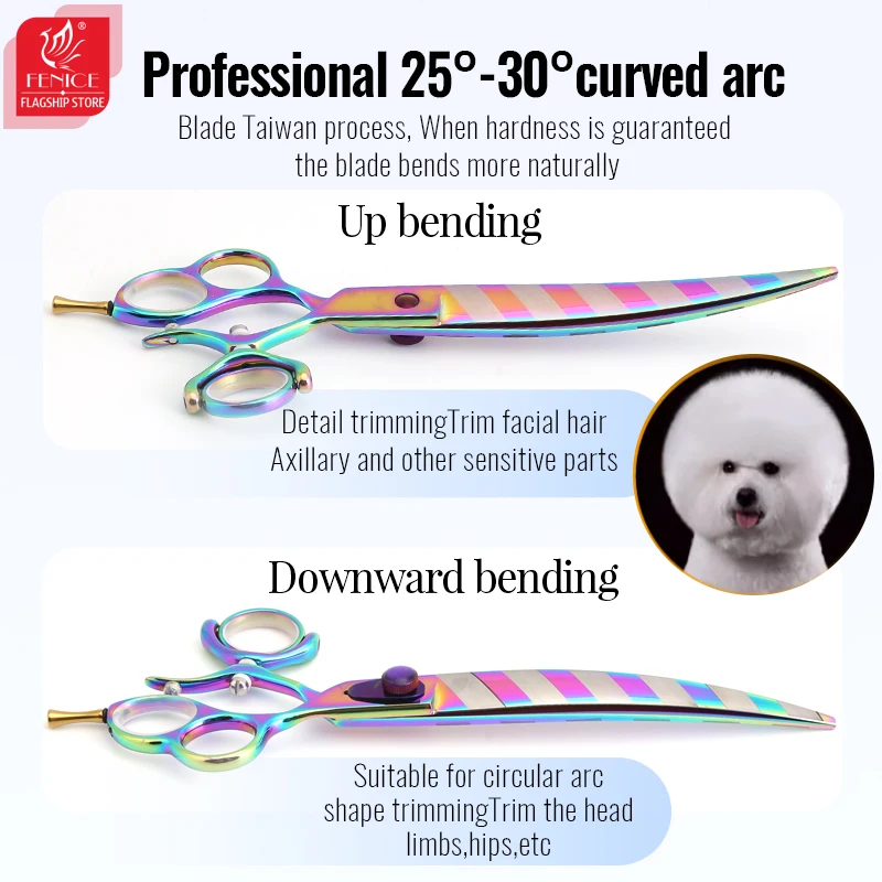 Fenice Dog Scissors Professional 8 inch 3 Hole Handle Swivels Rainbow Flip Stripe Straight Curved Pet Grooming Scissors JP440C