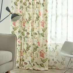 Cortinas opacas florales pastorales americanas para sala de estar, cortinas de lino con estampado de flores para ventana, decoración del hogar, cortinas de tul