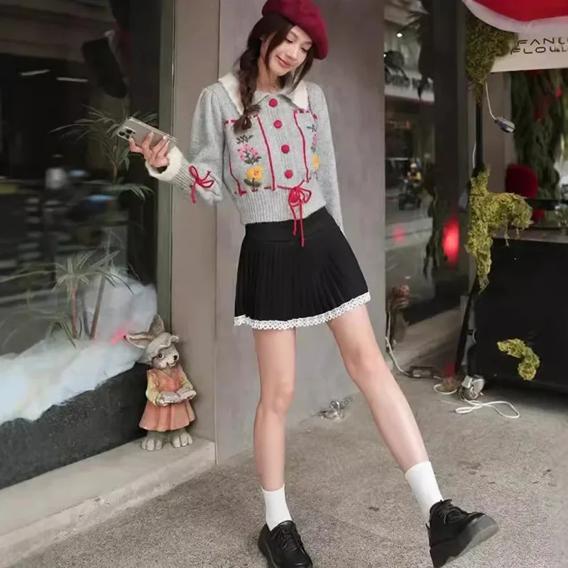 Korea Embroidery Lace Up Knit Cardigan Japan Sweet Embroidered Lace Up Bow Knit Cardigan Autumn Ins Lapel Sweater Jacket Top New