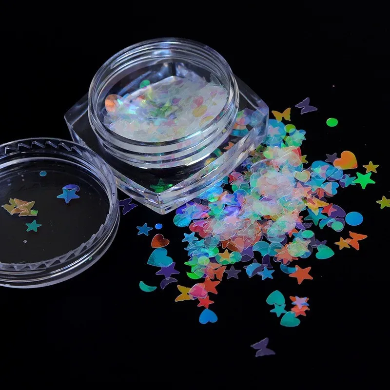 1 Glas Nagel Glitter Pailletten Pulver gemischte Größe Stern Mond Liebe Herz Muster Aurora Farbe holo graphische ultra dünne Maniküre Dekor