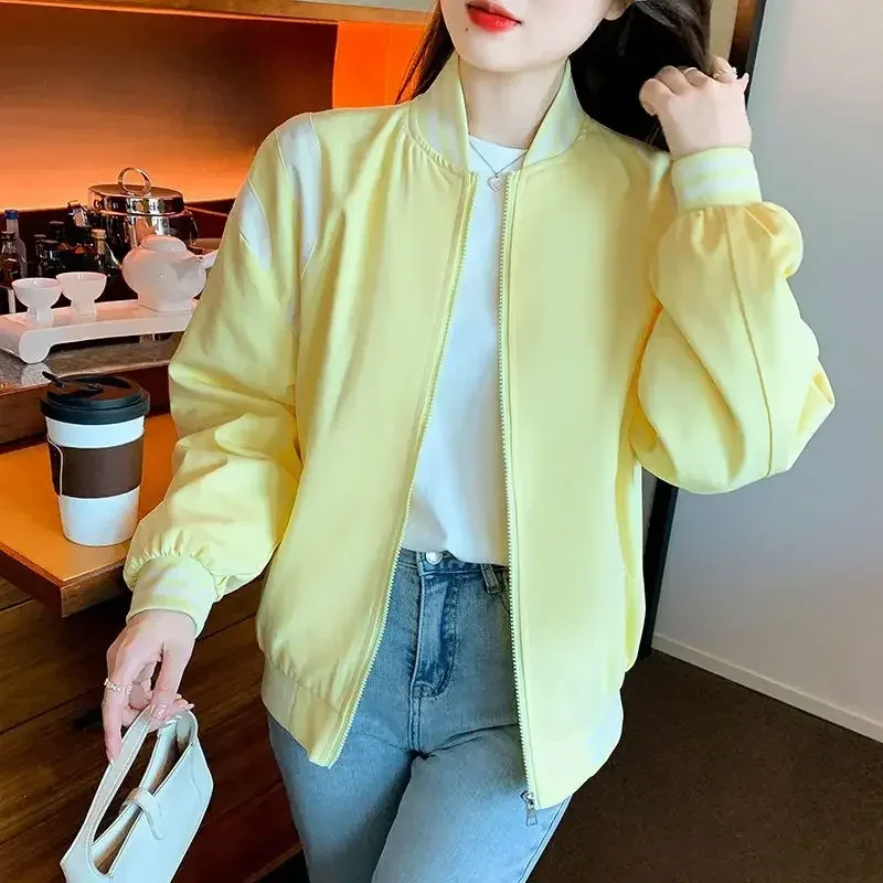 Women's Bomber Jackets Zip-up Female Baseball Aviator Coats Splicing Yellow Chic Youthful Long Sleeve Elegant 2025 Trend Deals