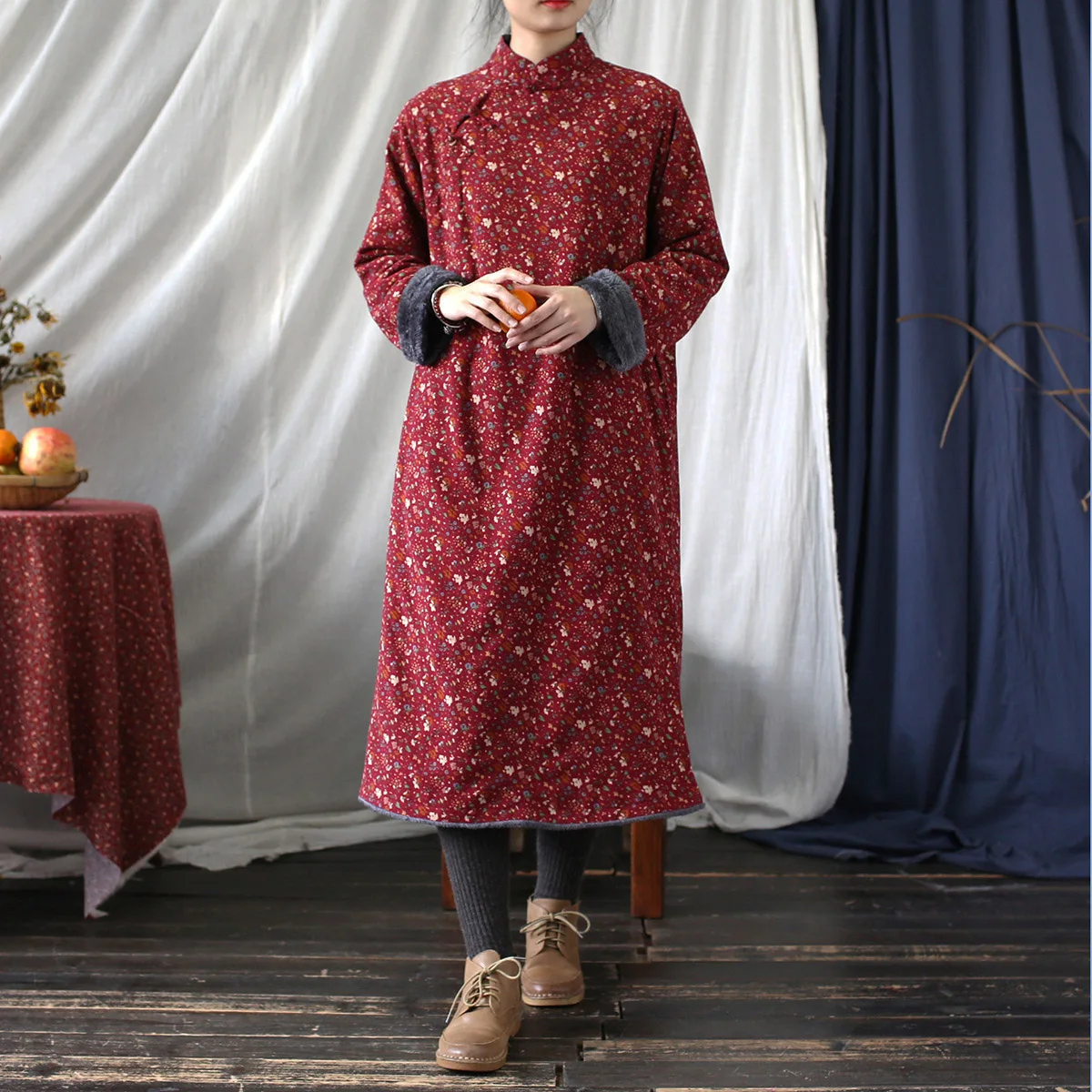 

Women Country-style Floral Print Thicken Winter Long Sleeves Cheongsam Vintage Fleece Improved Dress Medium-length Chinese Qipao