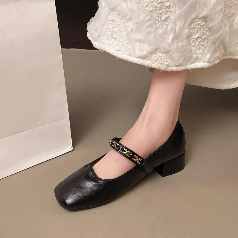 حذاء فردي بكعب منخفض للنساء، موضة الصيف الجديدة بإبزيم ذهبي ومقدمة مربعة، حذاء مريح بكعب عالٍ #4